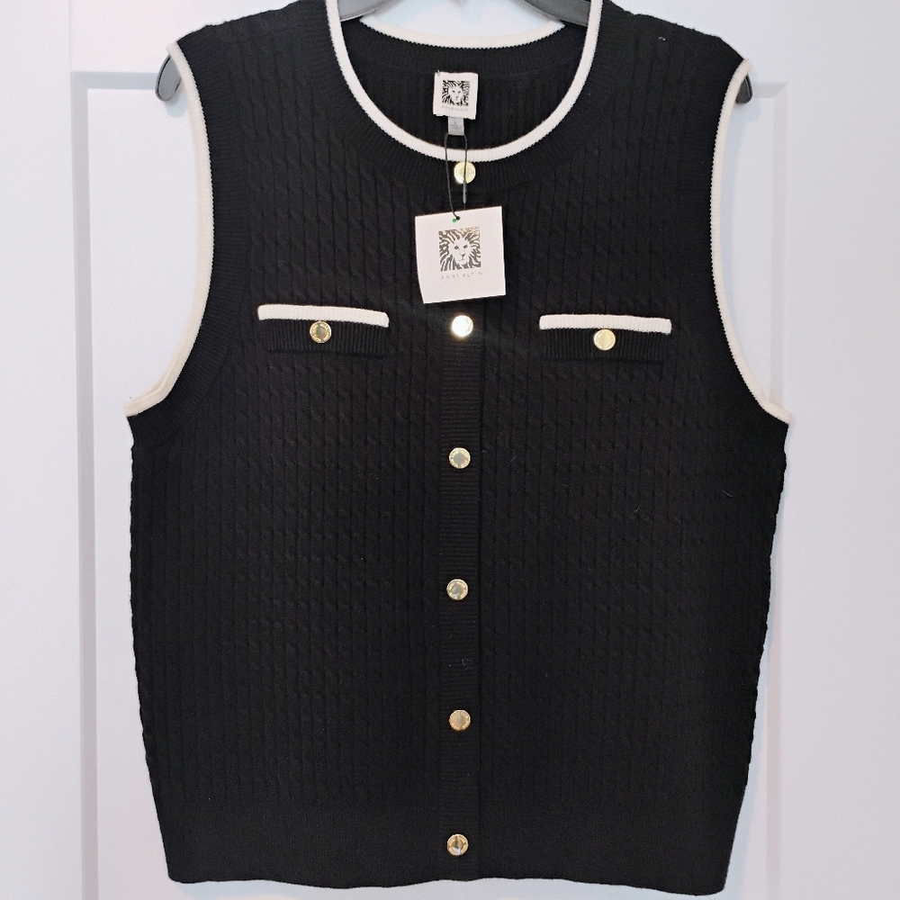 Anne Klein Black Sleeveless Button Front Sweater Vest with Cream Trim